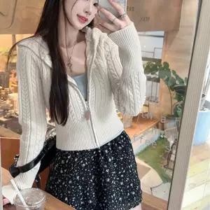 여성 꽈배기 스타일 파스텔톤 여리 슬림 니트 후드 집업긴팔가디건 얇은 숏가디건 카디건 봄가을 카라넥 라