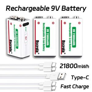 충전식 9V 배터리 USB-C  케이블이 포함된 21800mWh 장시간 지속되는 리튬 이온 연기 경보기, 카메라, 시계
