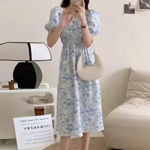 아레니아 여름 원피스 여성 반팔 꽃무늬 밴딩 쉬폰 공주 미디 휴양지 바캉스룩 K1882홈웨어 시원한 캐주얼