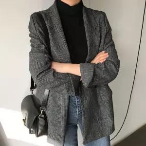 여자 체크패턴 카라 자켓 롤업소매 캐주얼 정장 코디 편안한 여성 재킷 아우터 코트 하게입을수있는 데일리