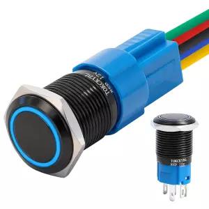 TOKCKYBL 16mm 래칭 푸시 버튼 스위치 12V DC IP65 방수 ON/OFF 블랙 쉘 LED 엔젤 헤드 0.63인치 장착 구멍