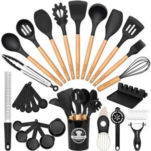 Astercook 39 PCS 주방 도구 세트, 나무 손잡이가 있는 실리콘 조리 도구 세트, 446 F 내열 식품 등급 주걱 세트, BPA 무료 주방 도구 세트 및 논스틱 조리 도구용 스푼
