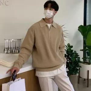 쿨샵 남성 댄디스타일 반집업 니트 카라넥 내추럴 핏남자후드티 루즈 셔츠 맨투맨 후드