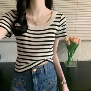 [하프클럽/]스트라이프 반팔 유넥니트티 U넥 단가라티셔츠 단가라 여성 니