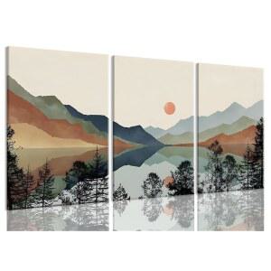 Bwodke 캔버스 월 아트 액자 산악 월 아트 세트 3 보호 수채화 자연 경관 그림 장식 태양 숲 추상화 거실 침실 사무실용 아트워크 페인팅 12