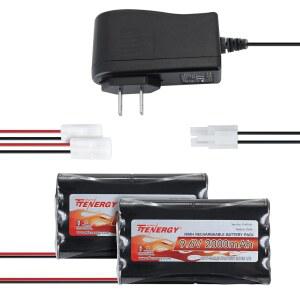 RC 카용 테너지 9.6V 플랫 NiMH 배터리 팩, 대용량 8셀 2000mAh 충전식 표준 타미야 커넥터가 있는 교체 취미용 팩(배터리 팩 2개 + 충전기 1개)