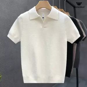 위즈아이 남자 오픈카라 카라티 여름 반팔 니트 브이넥 출근룩 기본티 WI075T