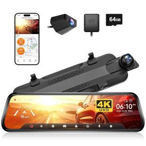 WOLFBOX G930 10인치 후방 뷰 미러 카메라 5.8GHz WiFi 4K 대시캠 전면 후면 WDR 터치스크린 백업 주차 모니터 리버스 어시스트 64GB 카드 GPS 포함
