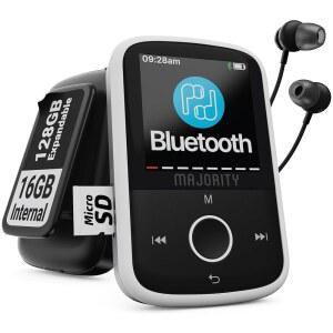 블루투스 및 스포츠 클립이 포함된 MP3 플레이어 | 이어버드 포함, 128GB로 확장 가능 | 블루투스 MP3 음악 플레이어, HD 컬러 화면, 34시간 배터리 수명 | SD 및 USB-C | 다수의 MP3 GO 음악 플레이어