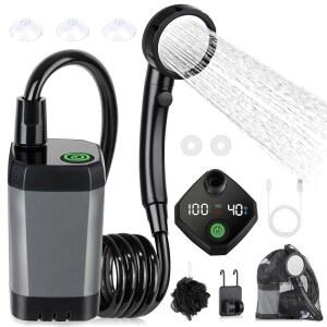 캠핑용 휴대용 샤워기 [오래 지속되는] 스포팔 6000mAh 충전식 캠핑 인텔리전트 LED 디스플레이 4가지 모드 하이킹 여행 자동차 반려동물을 위한 IPX7 방수 야외 캠프 펌프