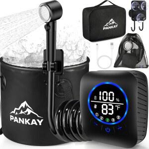 캠핑용 휴대용 샤워기 8 000mAh 충전식 캠핑 샤워 펌프 XL 접이식 버킷 IPX8 방수 주변 물 유입구 하이킹 여행 반려동물을 위한 5가지 압력 모드 야외