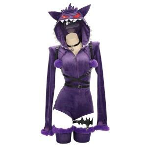 MEOWCOS 여성 바디수트 원시 파자마 롬퍼 후리스 후드와 벨트와 꼬리가 달린 양말
