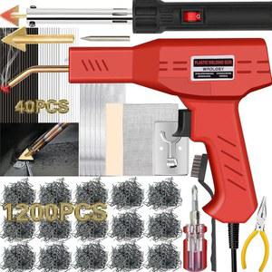 Wrdlosy 220W 플라스틱 용접기 1200PCS 스테이플 40PCS 막대 용접 키트 5인1 팁 테이프 사포 와이어 메시 스탠드 금속 드라이버 범퍼 수리 키트(빨간색)