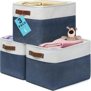 OrganiHaus 선반용 대형 보관함 3팩 15x11인치 옷장 패브릭 천 바구니 및 정리함 - 네이비 블루/화이트