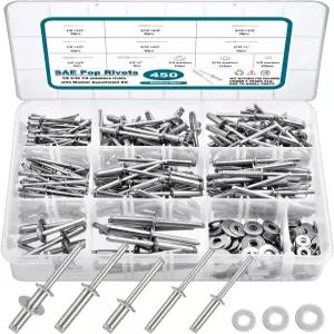 SATANTECH 450Pcs 304 스테인리스 스틸 팝 리벳 세탁기 구색 키트 포함 1/8 3/16 1/4 모듬 블라인드 8 SAE