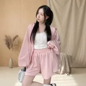여성 간절기 루즈 후드집업 반바지 세트