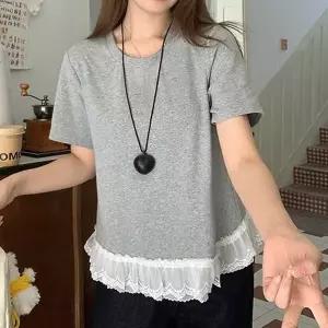 러블리 레이스 밑단 포인트 반팔 레이어드 티셔츠 데일리티셔츠