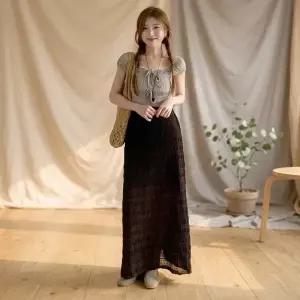 여성용 일상 페미닌 레이스 허리밴드 롱스커트_25768504_588872