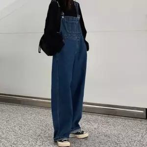 여성 데님 진청 멜빵 캐주얼 여행 코디 와이드 팬츠 청멜빵바지