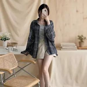 여성 빅사이즈 아방핏 긴팔 체크 얇은 가오리핏