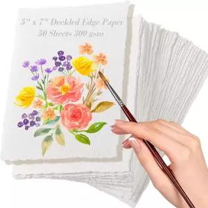 50장 데크드 엣지 수채화 종이 300GSM 5 x 7인치 수제 러프/텍스처 면지 콜드 프레스 스케치 청첩장 카드