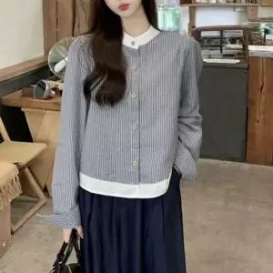 셀럽하우스 여성 세로 스트라이프 셔츠 차이나카라 배색 긴팔 남방