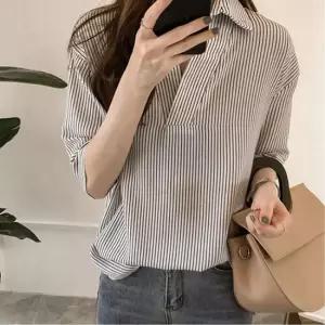 셀럽하우스 여성 스트라이프셔츠 7부 오피스룩 카라 남방 여름