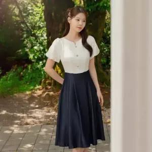 시크라인 XXL까지) 아멜카 배색 데님 원피스 하객룩 오피스룩 모임룩 격식룩 빅사이즈