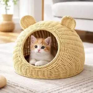 ( )고양이 라탄패턴 숨숨집(소형묘) (베이지) 고양이집 강아지집 강아지쿠션 고양이쿠션