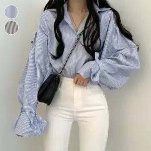 여성 루즈핏 이우 벌룬소매 롤업 셔링 스트 가을 남방