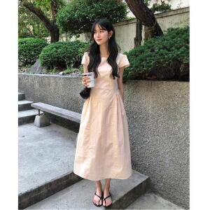 아이언하트 여성 여름 라운드넥 플리츠 레이스 중기장 드레스