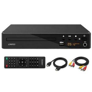 TV용 LONPOO 지역 무료 HD DVD 플레이어 HDMI 동축 RCA USB 및 MIC 입력 기능을 갖춘 1080P 업스케일링 PAL NTSC 디스크 풀 기능 리모컨 - 컴팩트 디자인(블랙)