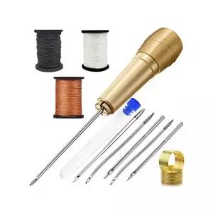 DIY 가죽 바느질 키트 바늘 구멍 뚫기 구리 손잡이 세트 캔버스 텐트 신발 수리 도구 3색 실