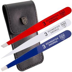 3 SWORDS 독일 U2013 브랜드 품질의 전문가용 스테인리스 스틸 정밀 핀셋 세트 U201CUSA U201D 비스듬하고 곧게 뻗은 뾰족한 눈썹 머리 합성 가죽 케이스 매니큐어 페디큐어 바이
