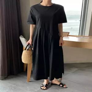 웨이빙 배색 플리츠 반팔 롱 원피스 (one color)