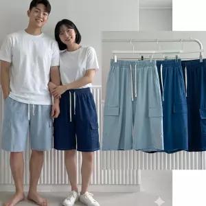 남여공용 여름 통 찰랑 6부 카고 청반바지 남자 아이스 텐셀 스판 와이드 여성 통 밴딩 데님 팬츠