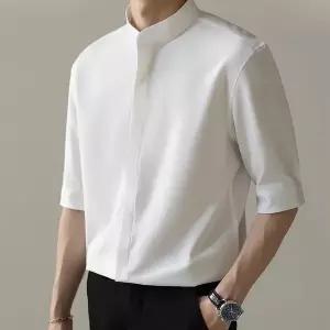 스탠드카라 셔츠 차이나카라 밴드카라 남방 2025년 남자 남성 풍 반팔 스탠드 칼라 구김 방지 무봉제 깔끔