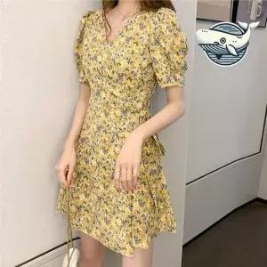 여성 플라워패턴 랩원피스 퍼프소매 스트링 여름원피스 여성원피스 블랙원피스