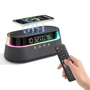 광샹 6-in-1 블루투스 스피커 알람 시계, 리모컨, FM 라디오 및 디밍 가능한 LED 야간 조명, 15W 고속 무선 충전기, 침실 홈 오피스용 듀얼 디지털 그를 위한 이상적인 선물, 남성 여성