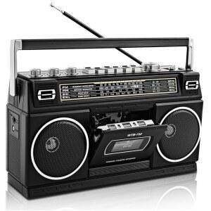 카세트 플레이어 레코더 AM /FM /SW1 /SW2 라디오 블루투스 USB /MICRO SD 슬롯 헤드폰 잭 24W 듀얼 풀레인지 하이베이스 스피커가 포함된 레트로 클래식 80년대 스타일의 휴대용 붐박스