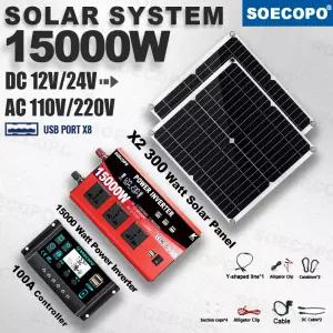SOECOPO 15000W 피크 솔라 키트 2개 패널 100A 컨트롤러 12V/24V DC에서 110V 220V AC 인버터(8개 USB 포트