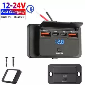 4 포트 12/24V USB C 콘센트 패널 벽 마운트 자동차 충전기 소켓 버튼 스위치 버스 RV 트럭 방수 자동차 액