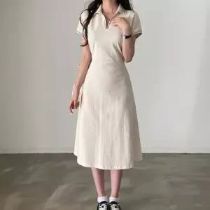 캉캉원피스 브이넥 노버튼 카라 배색 A라인 원피스 허리스트랩