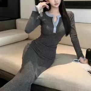 후드롱원피스 골지 배색 롱원피스 단추포인트 슬림핏 소매트임