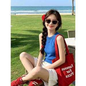 원픽 여성 오피스룩 스타일 블루 니트 조끼 여름 통기성 얇은 얼음 실크 슬림 민소매 홀터 탑