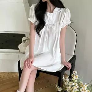 여자 간절기 하객룩 더블버튼 프릴 퍼프 미니 원피스