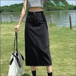 블랙진 스커트 이우 흑청 데님 롱치마 여성 롱청
