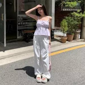 여자 여름 캐주얼 플레어 셔링 면혼방 민소매 블라우스_25822114_588872