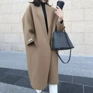 루즈핏 롱코트 모직 오룩 노카라 여성용 핸드메이드 오버핏