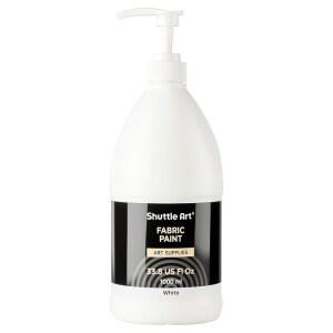 셔틀 아트 화이트 패브릭 페인트, 펌프 포함 33.8온스(1000ml) 대형 병, 가구용 영구 패브릭 페인트, 소파, 쿠션, 의류용 영구 패브릭 페인트, 색상 변경, 리뉴얼 및 예술 창작을 위한 부드러운 무독성 섬유 페인트